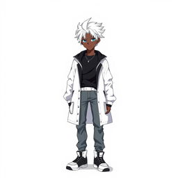 A 20-year-old boy with black skin depicted in a Digimon anime style, standing against a clean white background
