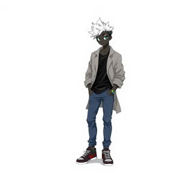 A 20-year-old boy with black skin depicted in a Digimon anime style, standing against a clean white background