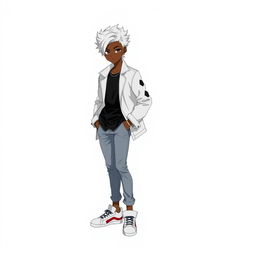 A 20-year-old boy with black skin depicted in a Digimon anime style, standing against a clean white background