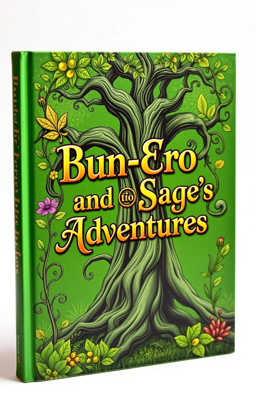 A vibrant green book cover featuring a golden, fancy title that reads "Bun-Ero and Sage's Adventures"