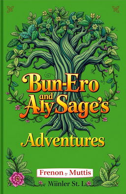 A vibrant green book cover featuring a golden, fancy title that reads "Bun-Ero and Sage's Adventures"