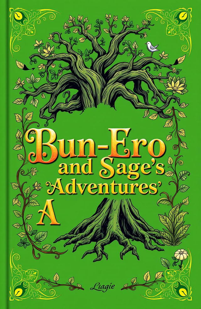 A vibrant green book cover featuring a golden, fancy title that reads "Bun-Ero and Sage's Adventures"