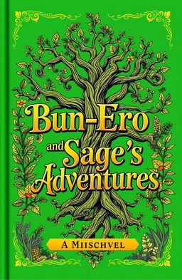 A vibrant green book cover featuring a golden, fancy title that reads "Bun-Ero and Sage's Adventures"