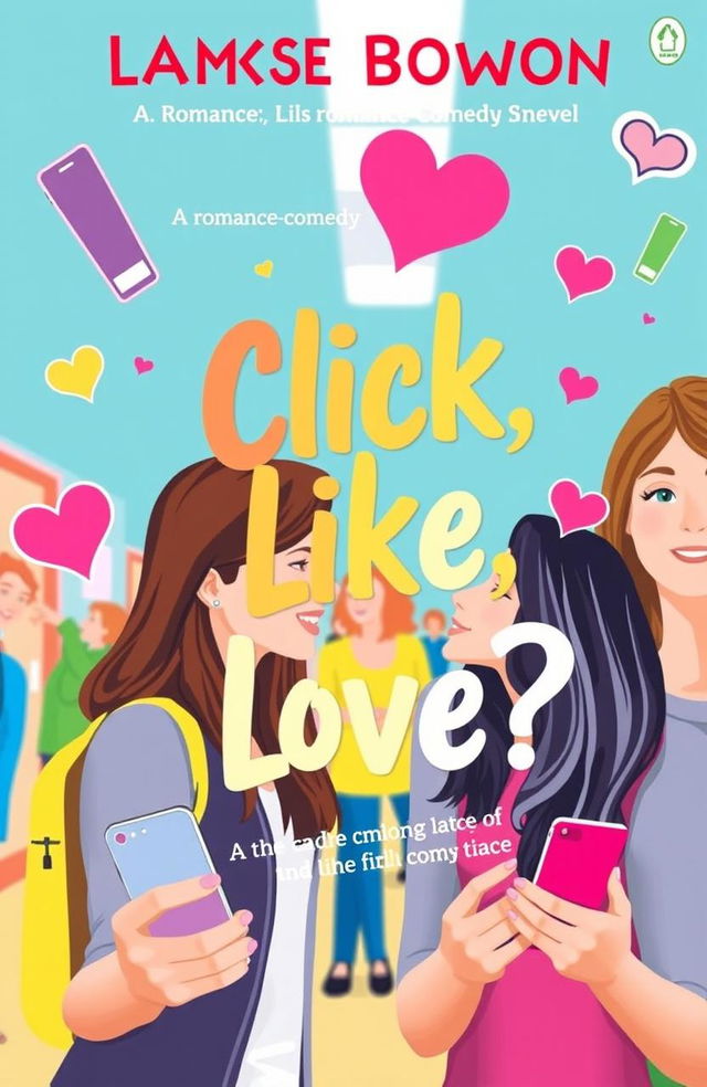 A vibrant and cheerful book cover for a romance-comedy novel titled 'Click, Like, Love?'