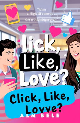 A vibrant and cheerful book cover for a romance-comedy novel titled 'Click, Like, Love?'
