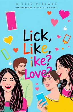 A vibrant and cheerful book cover for a romance-comedy novel titled 'Click, Like, Love?'