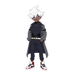 A 20-year-old boy with black skin depicted in a Digimon anime style, standing confidently against a clean white background