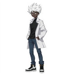 A 20-year-old boy with black skin depicted in a Digimon anime style, standing confidently against a clean white background