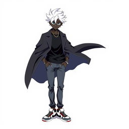 A 20-year-old boy with black skin depicted in a Digimon anime style, standing confidently against a clean white background