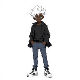A 20-year-old boy with black skin depicted in a Digimon anime style, standing confidently against a clean white background
