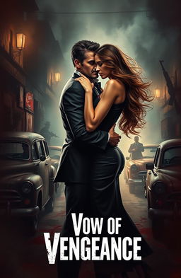 A dramatic and intense scene depicting a dark mafia romance, featuring a powerful couple locked in a passionate embrace amidst a backdrop of chaos and bloodshed