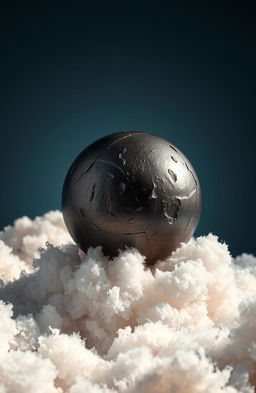 A visually engaging and thought-provoking representation of density, featuring contrasting materials such as a dense, dark metal ball resting on a fluffy, lightweight cloud background