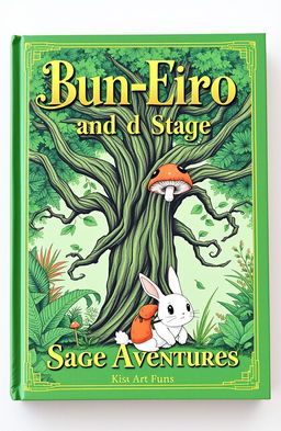 A green book cover featuring the golden fancy title "Bun-Ero and Sage's Adventures"