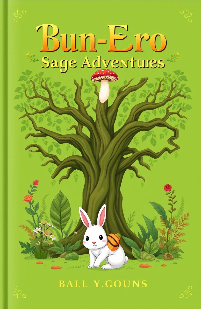 A green book cover featuring the golden fancy title "Bun-Ero and Sage's Adventures"