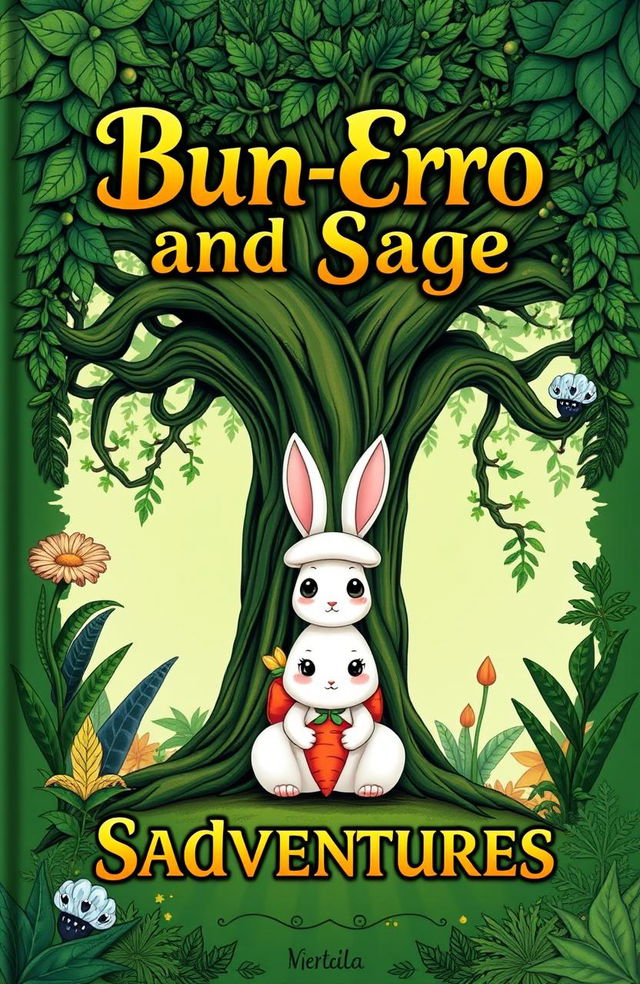 A green book cover featuring the golden fancy title "Bun-Ero and Sage's Adventures"