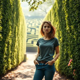 A woman in casual clothes standing in front of a mysterious giant maze, looking lost and contemplative