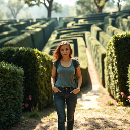 A woman in casual clothes standing in front of a mysterious giant maze, looking lost and contemplative