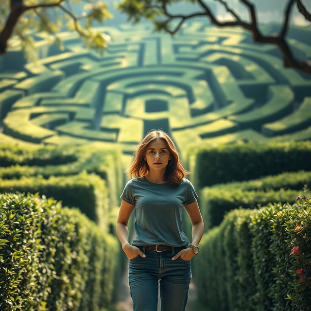 A woman in casual clothes standing in front of a mysterious giant maze, looking lost and contemplative