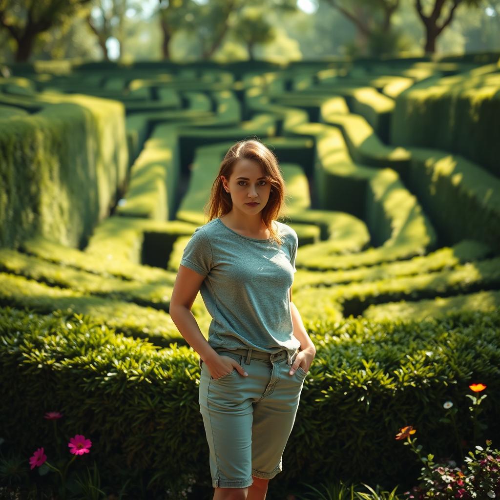 A woman in casual clothes standing in front of a mysterious giant maze, looking lost and contemplative