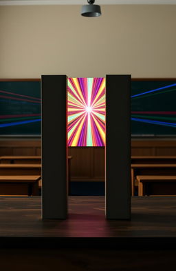 An artistic representation of Young's Double Slit Experiment, depicting a classic physics setup with two narrow slits in a barrier and light waves passing through them