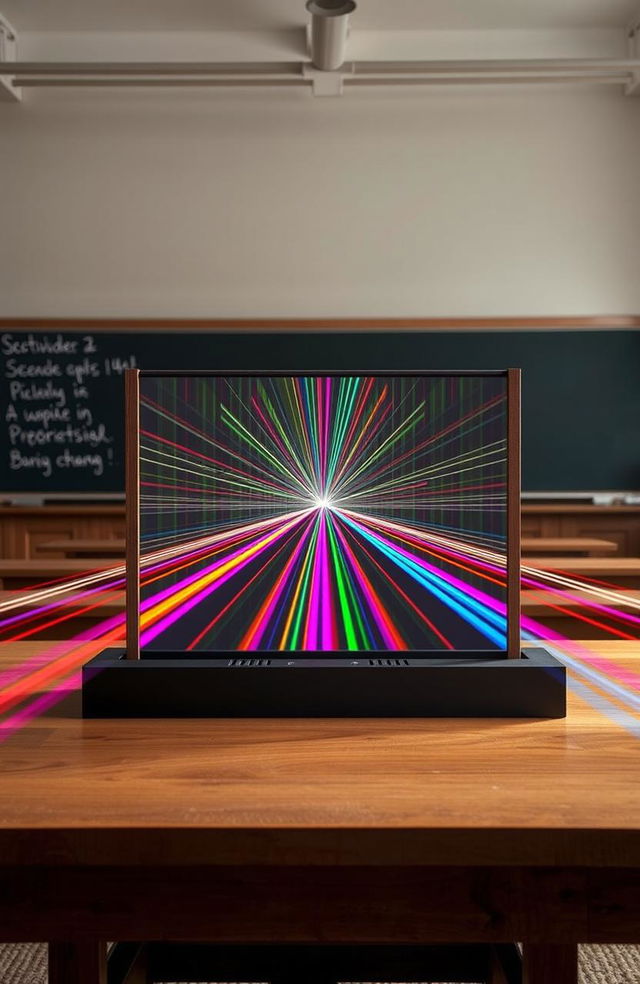 An artistic representation of Young's Double Slit Experiment, depicting a classic physics setup with two narrow slits in a barrier and light waves passing through them