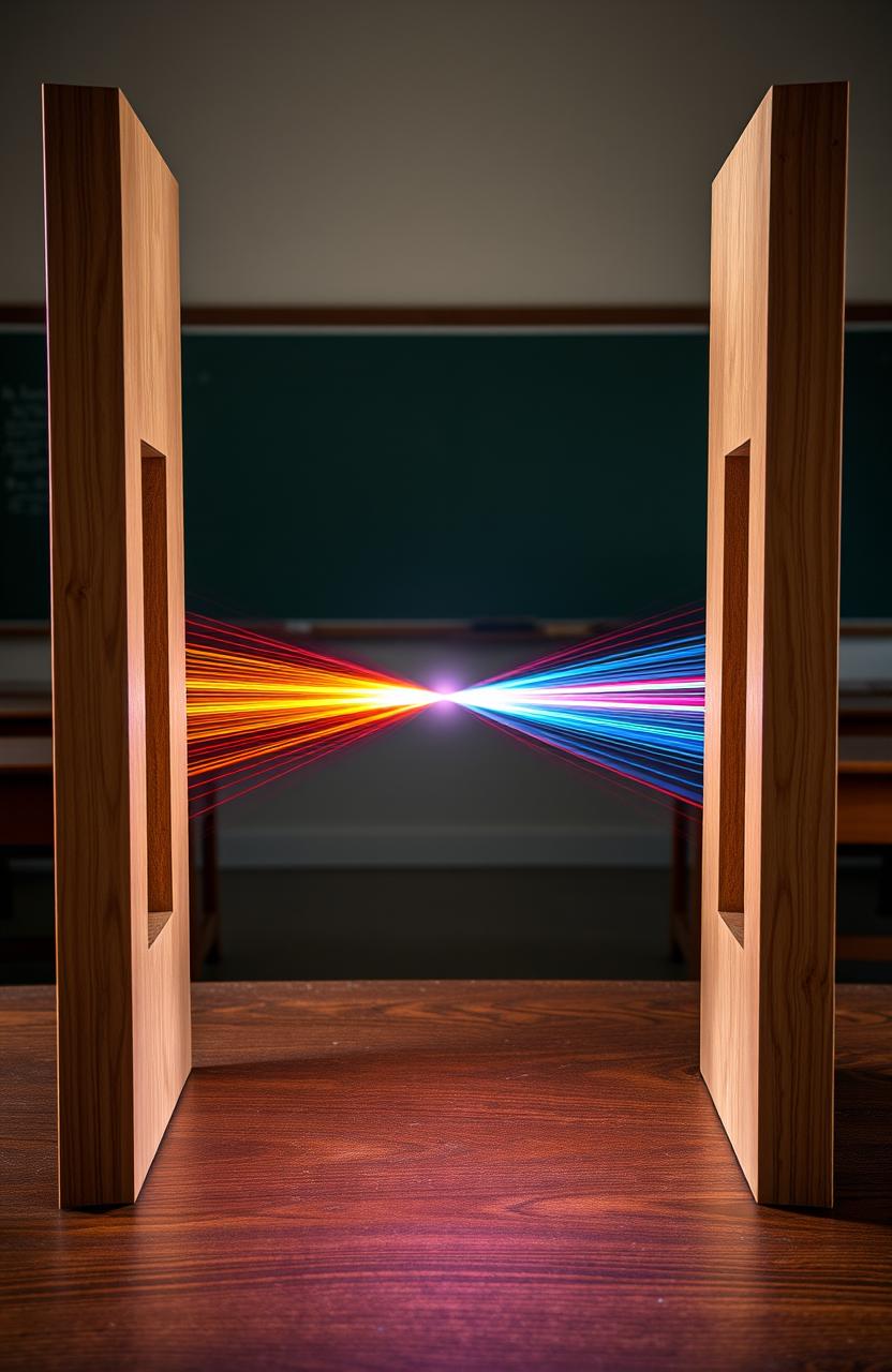 An artistic representation of Young's Double Slit Experiment, depicting a classic physics setup with two narrow slits in a barrier and light waves passing through them