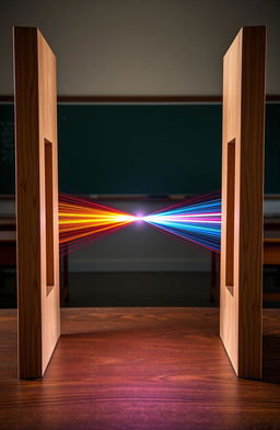 An artistic representation of Young's Double Slit Experiment, depicting a classic physics setup with two narrow slits in a barrier and light waves passing through them