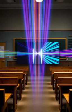 An artistic representation of Young's Double Slit Experiment, depicting a classic physics setup with two narrow slits in a barrier and light waves passing through them