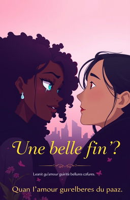 A romantic and hopeful scene featuring Olaa, a character with long afro hair and striking blue eyes, facing the stunning Korean CEO with light brown eyes, both showing an emotional connection
