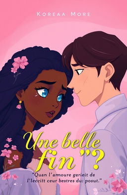 A romantic and hopeful scene featuring Olaa, a character with long afro hair and striking blue eyes, facing the stunning Korean CEO with light brown eyes, both showing an emotional connection