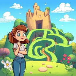 A colorful cartoon illustration featuring a woman in casual clothes, looking lost and bewildered in front of a mysterious giant maze