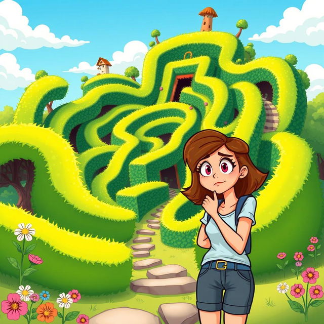 A colorful cartoon illustration featuring a woman in casual clothes, looking lost and bewildered in front of a mysterious giant maze