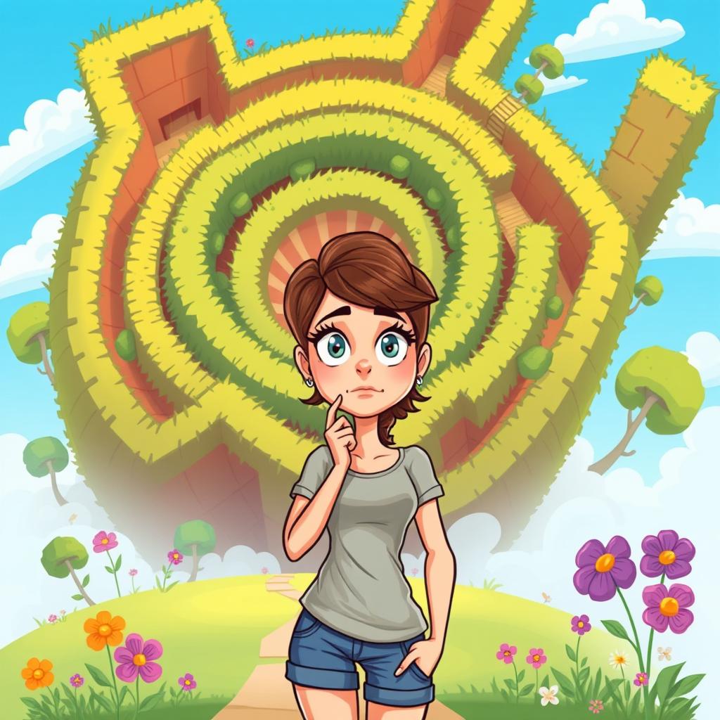 A colorful cartoon illustration featuring a woman in casual clothes, looking lost and bewildered in front of a mysterious giant maze