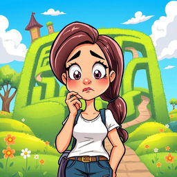 A colorful cartoon illustration featuring a woman in casual clothes, looking lost and bewildered in front of a mysterious giant maze