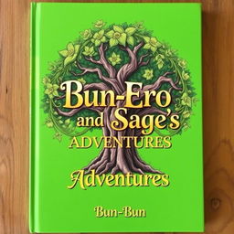 A vibrant green book cover featuring a golden, fancy title that reads "Bun-Ero and Sage's Adventures"