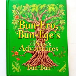 A vibrant green book cover featuring a golden, fancy title that reads "Bun-Ero and Sage's Adventures"
