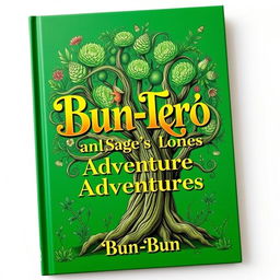 A vibrant green book cover featuring a golden, fancy title that reads "Bun-Ero and Sage's Adventures"