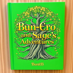 A vibrant green book cover featuring a golden, fancy title that reads "Bun-Ero and Sage's Adventures"