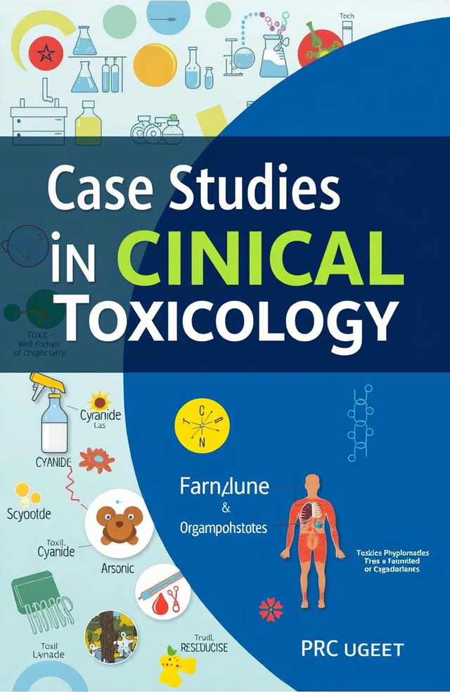 A visually engaging cover for a medical textbook titled 'Case Studies in Clinical Toxicology', featuring an array of colorful illustrations depicting various toxins, antidotes, and the physiological effects on the human body