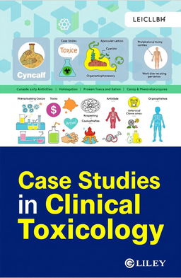 A visually engaging cover for a medical textbook titled 'Case Studies in Clinical Toxicology', featuring an array of colorful illustrations depicting various toxins, antidotes, and the physiological effects on the human body