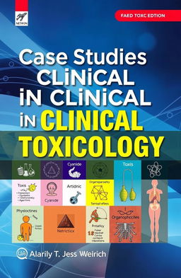 A visually engaging cover for a medical textbook titled 'Case Studies in Clinical Toxicology', featuring an array of colorful illustrations depicting various toxins, antidotes, and the physiological effects on the human body