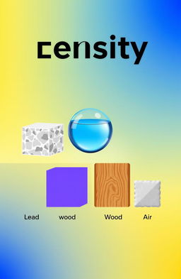 An illustration showing various materials with their densities, including lead, water, wood, and air, depicted in a comparative graphic style