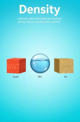 An illustration showing various materials with their densities, including lead, water, wood, and air, depicted in a comparative graphic style