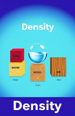 An illustration showing various materials with their densities, including lead, water, wood, and air, depicted in a comparative graphic style