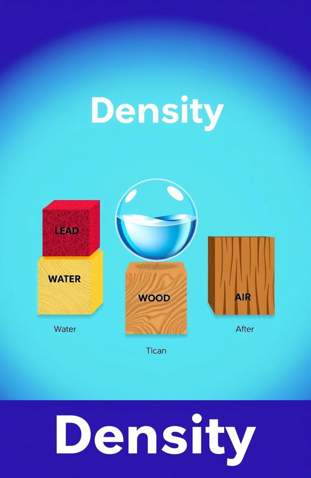 An illustration showing various materials with their densities, including lead, water, wood, and air, depicted in a comparative graphic style