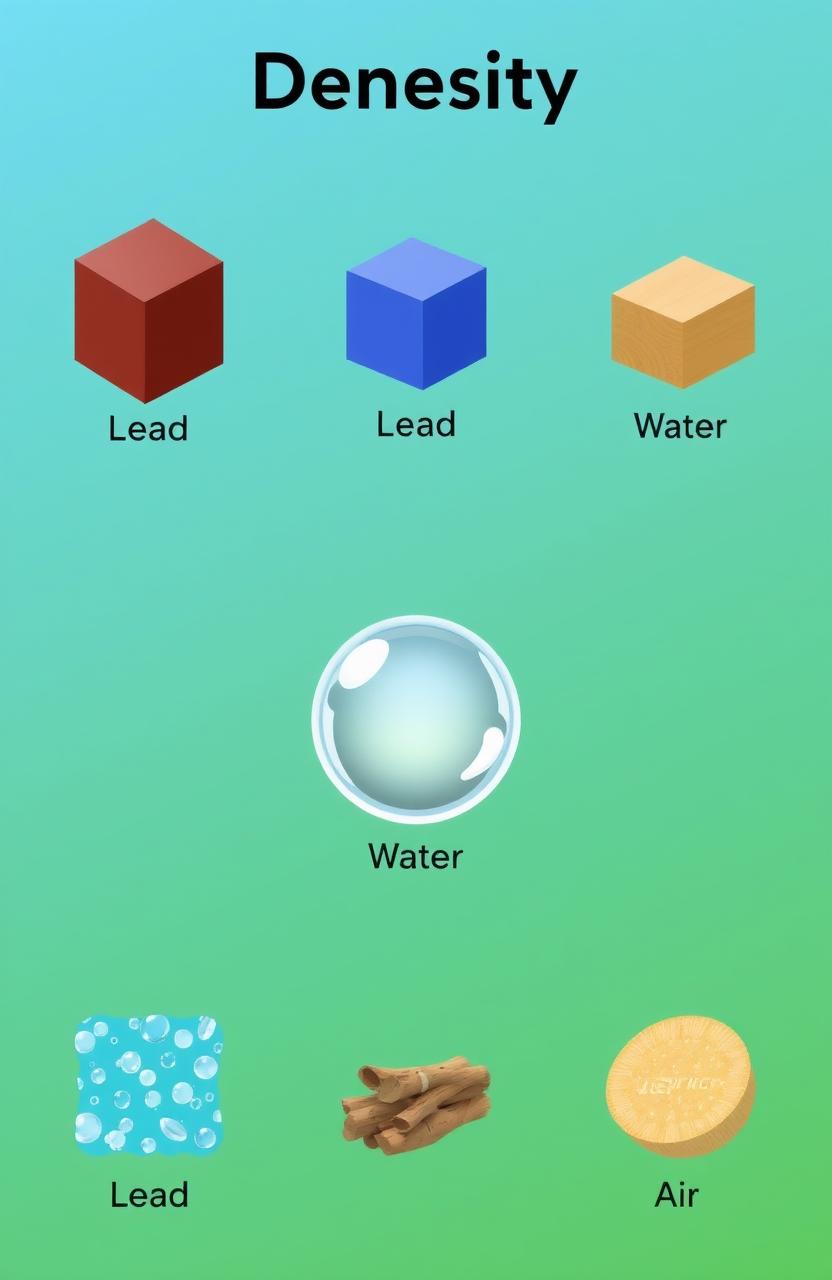 An illustration showing various materials with their densities, including lead, water, wood, and air, depicted in a comparative graphic style