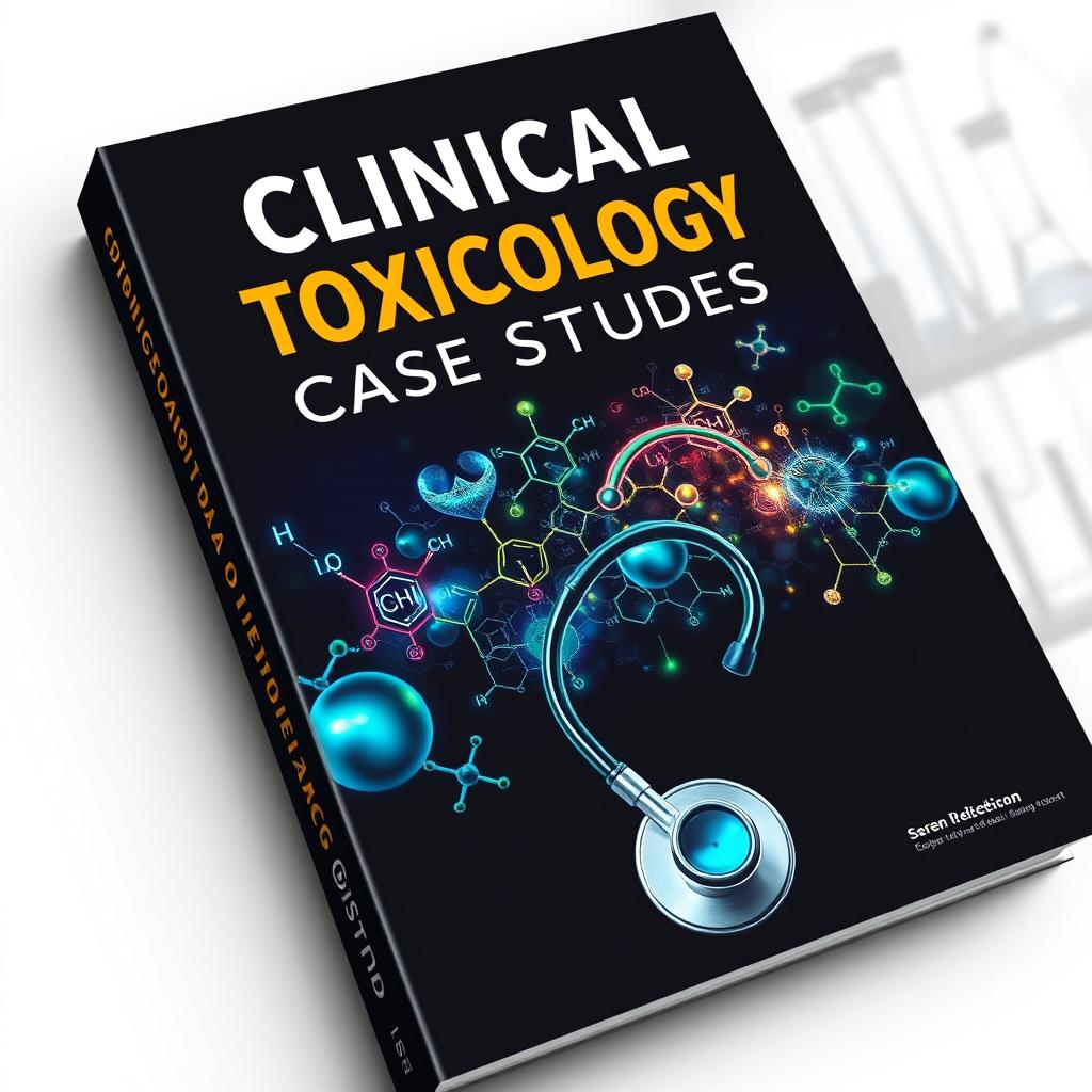 A striking book cover design for a text on clinical toxicology case studies featuring a bold, modern typography for the title, set against a dark, moody background