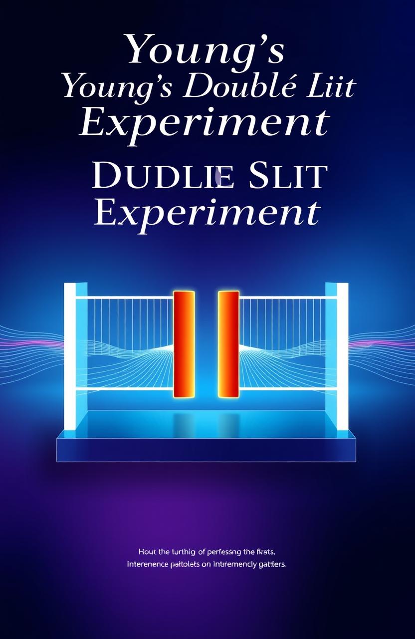 A visually stunning cover page for Young's Double Slit Experiment, featuring a detailed representation of the double slit apparatus, illustrating waves of light passing through the slits