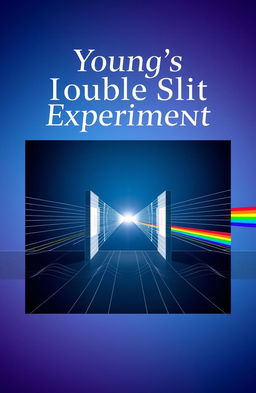A visually stunning cover page for Young's Double Slit Experiment, featuring a detailed representation of the double slit apparatus, illustrating waves of light passing through the slits