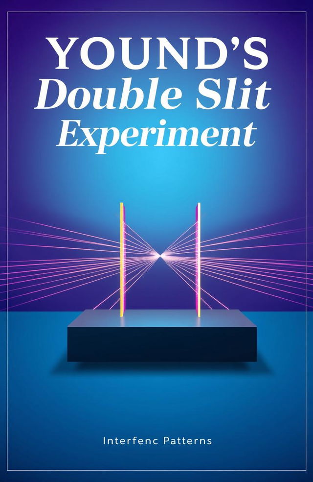 A visually stunning cover page for Young's Double Slit Experiment, featuring a detailed representation of the double slit apparatus, illustrating waves of light passing through the slits